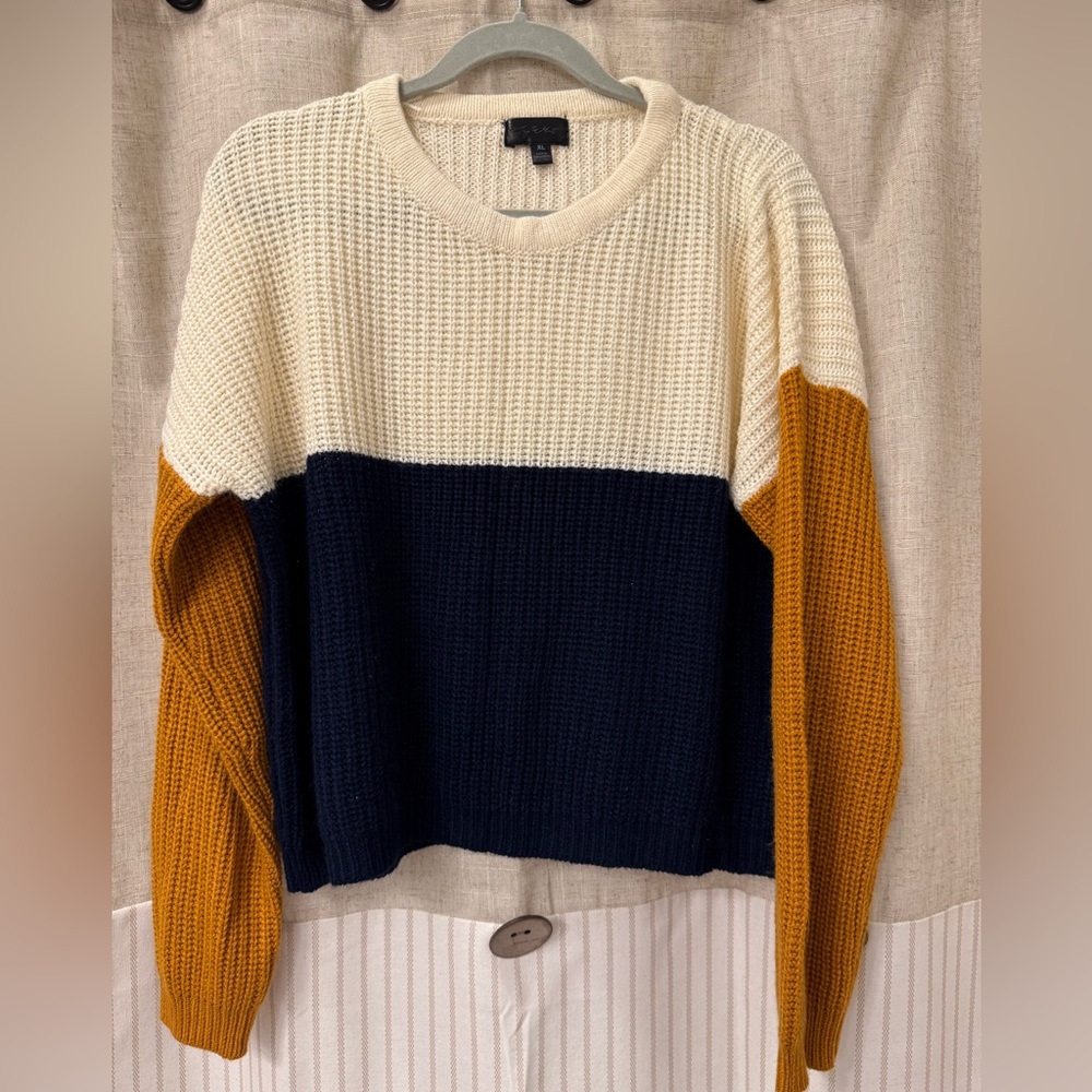 Say What? Colorblock Sweater in Cream, Navy, and Tan